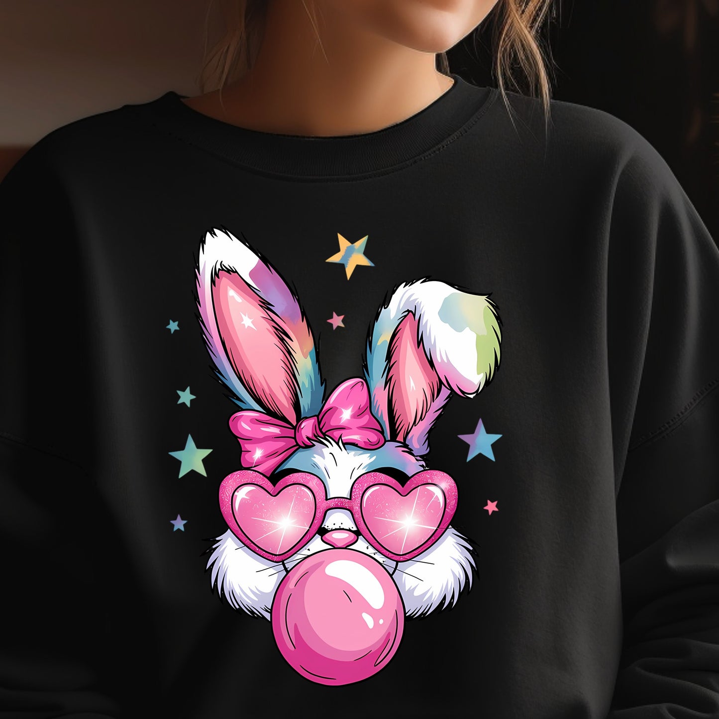 EASTER BUNNY, FAUX GLITTER, BUBBLEGUM SWEATSHIRT S-4XL