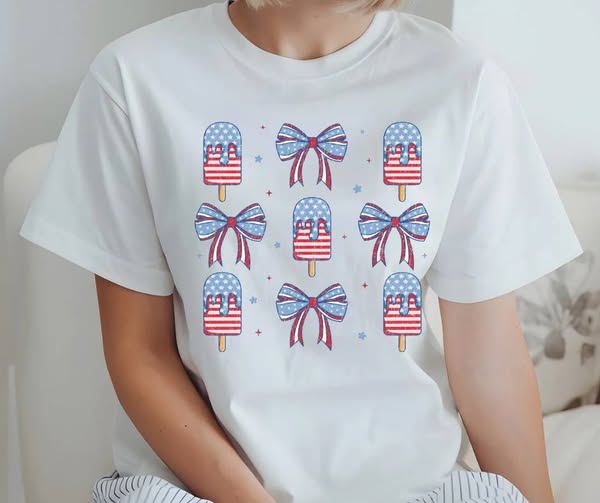 AMERICAN FLAG POPSICLES AND COQUETTE BOWS TSHIRT OR SWEATSHIRT S-4XL