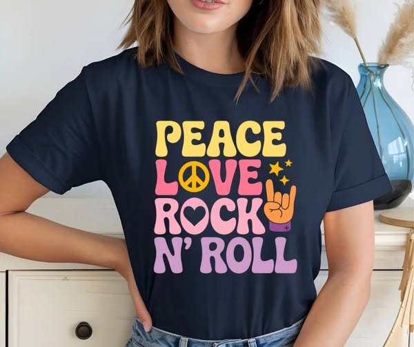 PEACE LOVE ROCK N ROLL TSHIRT OR SWEATSHIRT S-4XL