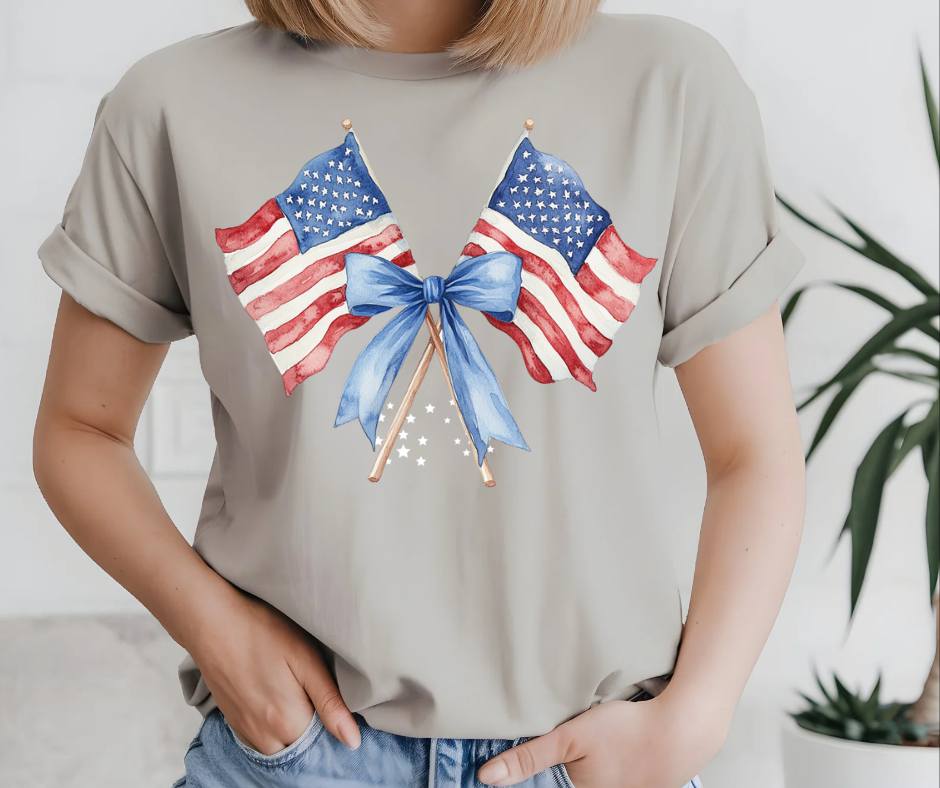 AMERICAN FLAG WITH COQUETTE BOW TSHIRT OR SWEATSHIRT S-4XL