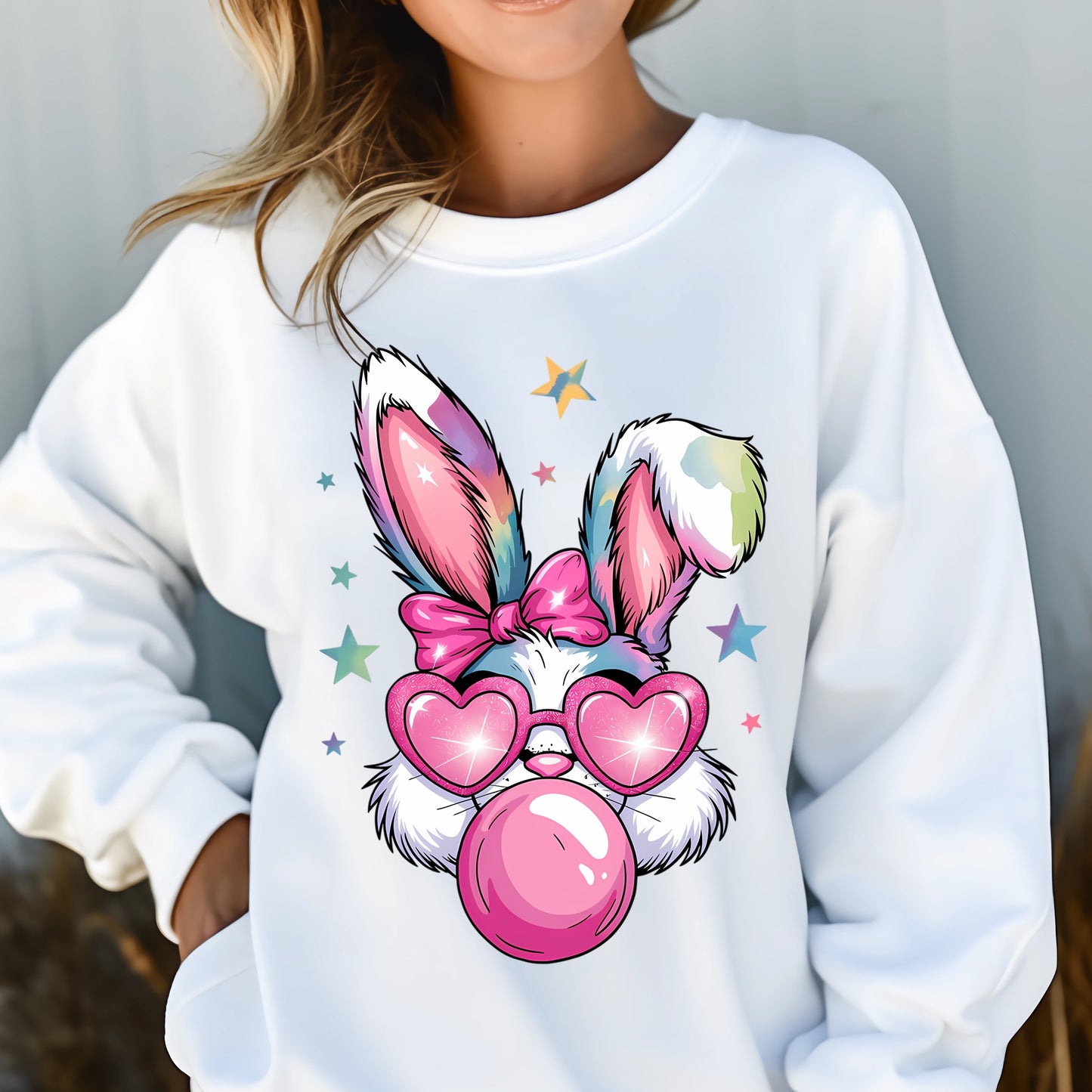 EASTER BUNNY, FAUX GLITTER, BUBBLEGUM SWEATSHIRT S-4XL