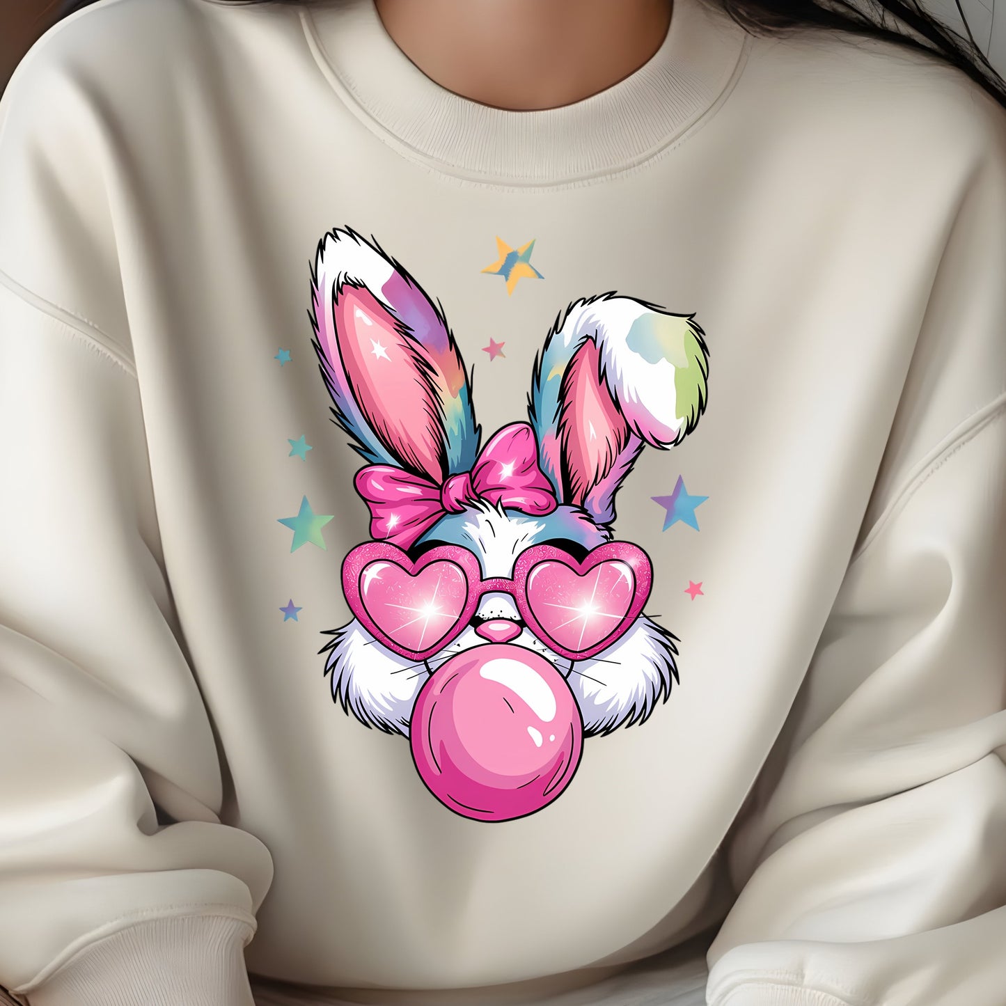 EASTER BUNNY, FAUX GLITTER, BUBBLEGUM SWEATSHIRT S-4XL