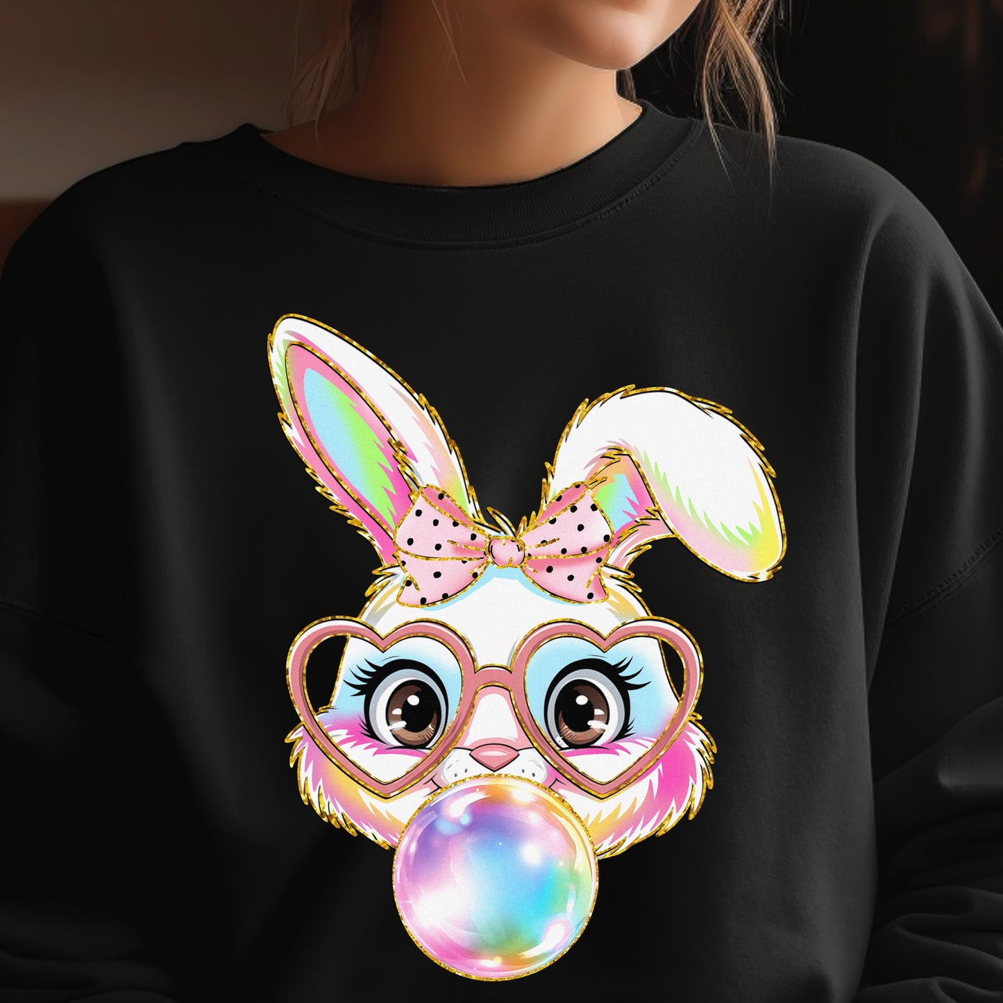 EASTER BUNNY #2, CLEAR GLASSES, BUBBLEGUM SWEATSHIRT S-4XL