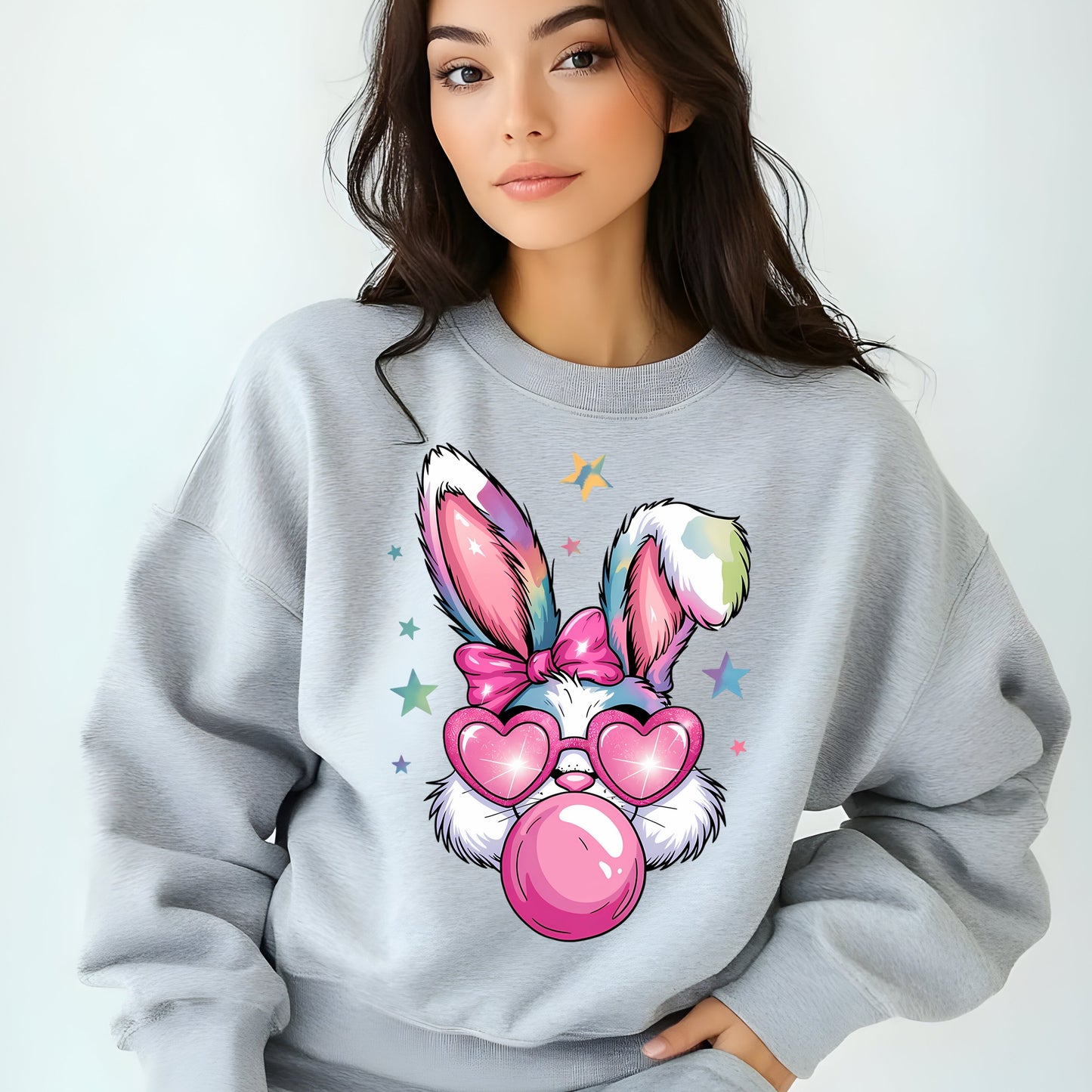 EASTER BUNNY, FAUX GLITTER, BUBBLEGUM SWEATSHIRT S-4XL