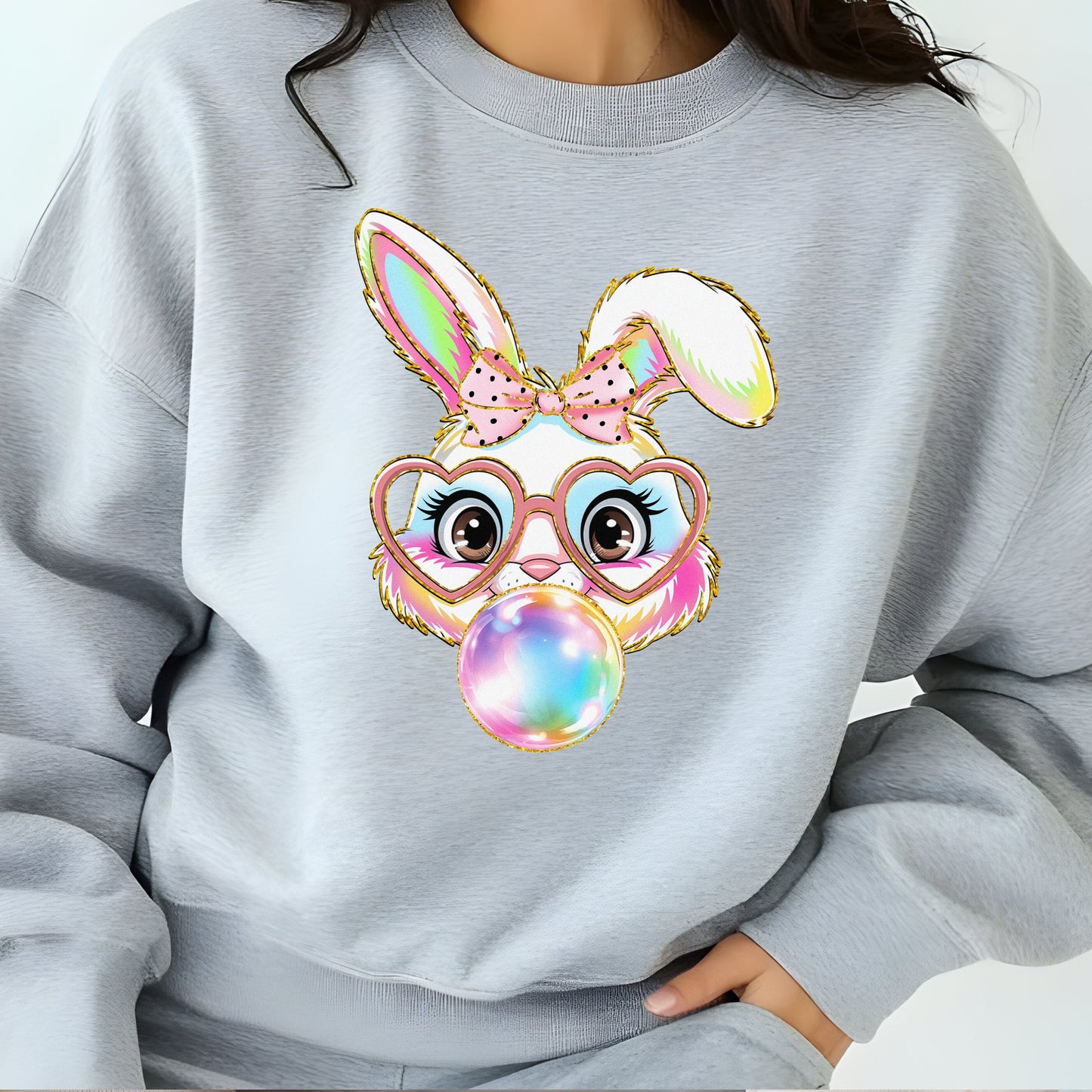 EASTER BUNNY #2, CLEAR GLASSES, BUBBLEGUM SWEATSHIRT S-4XL