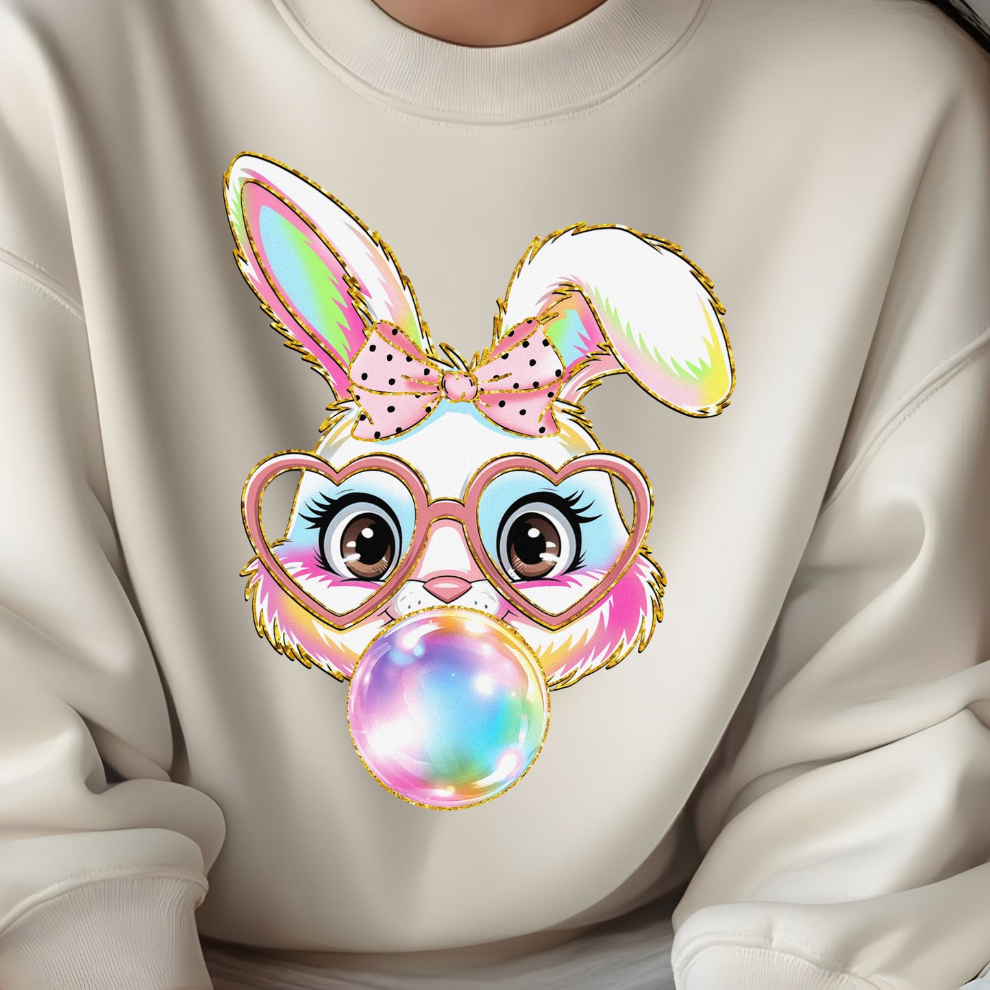 EASTER BUNNY #2, CLEAR GLASSES, BUBBLEGUM SWEATSHIRT S-4XL