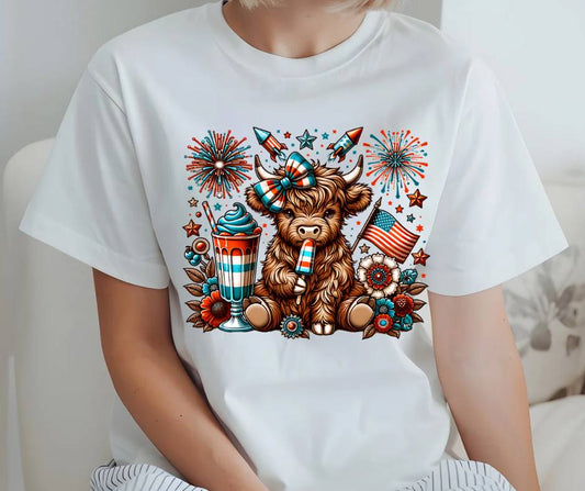 HIGHLAND COW 4TH OF JULY TSHIRT OR SWEATSHIRT S-4XL