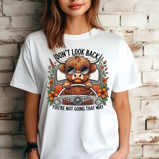 HIGHLAND COW DONT LOOK BACK TSHIRT OR SWEATSHIRT S-4XL