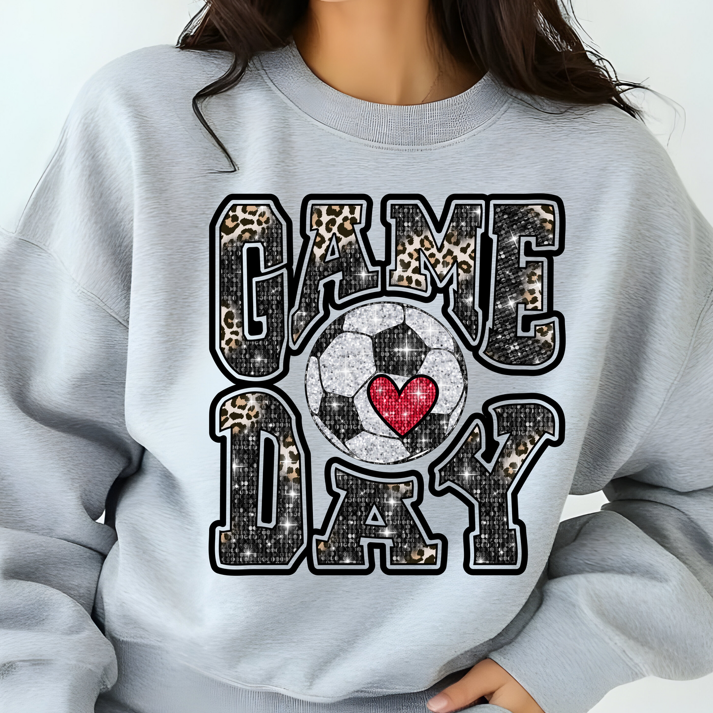 SOCCER GAME DAY FAUX GLITTER LEOPARD PRINT TSHIRT OR SWEATSHIRT S-4XL