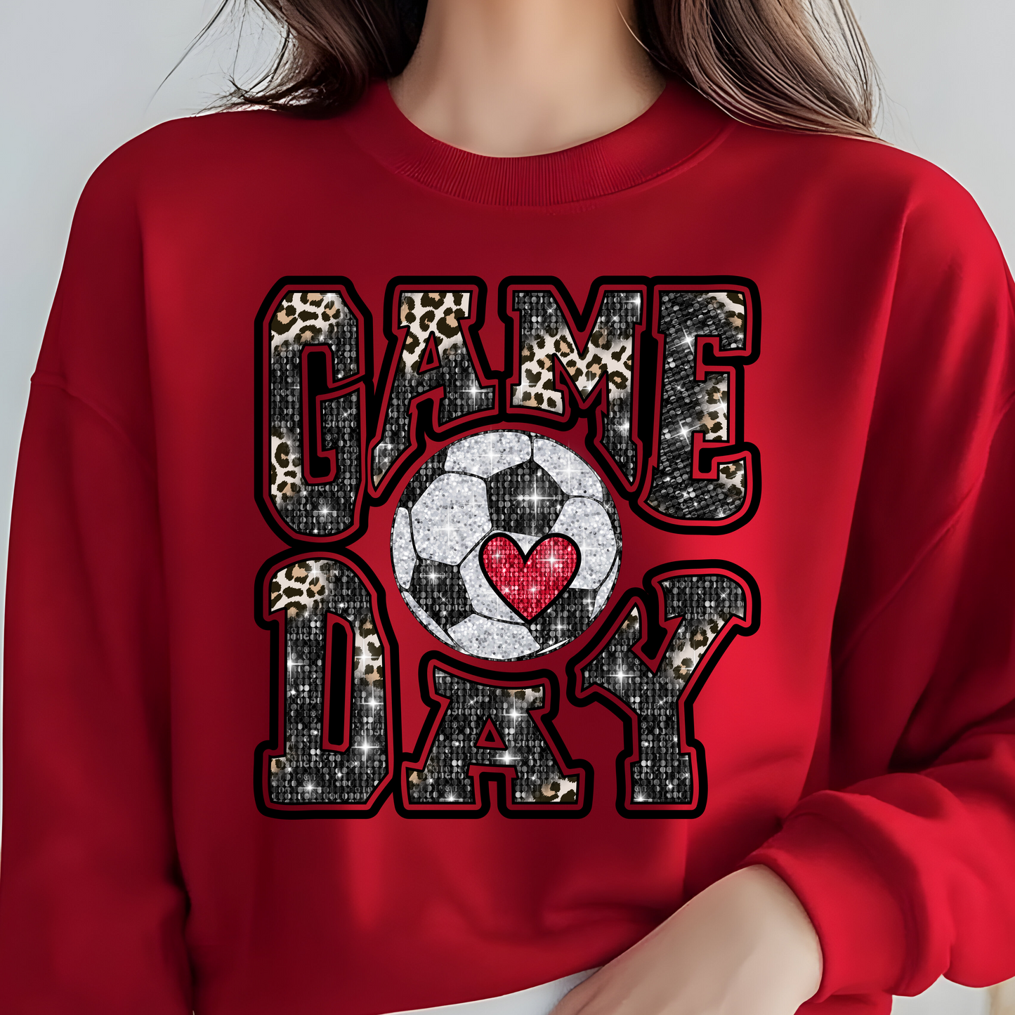 SOCCER GAME DAY FAUX GLITTER LEOPARD PRINT TSHIRT OR SWEATSHIRT S-4XL