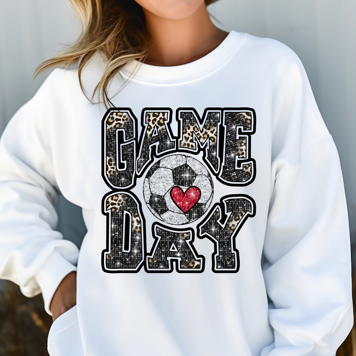 SOCCER GAME DAY FAUX GLITTER LEOPARD PRINT TSHIRT OR SWEATSHIRT S-4XL