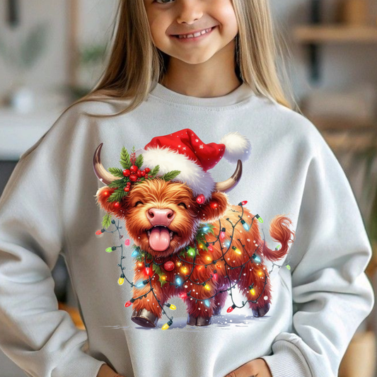SILLY CHRISTMAS HIGHLAND COW IN LIGHTS TSHIRT OR SWEATSHIRT S-4XL