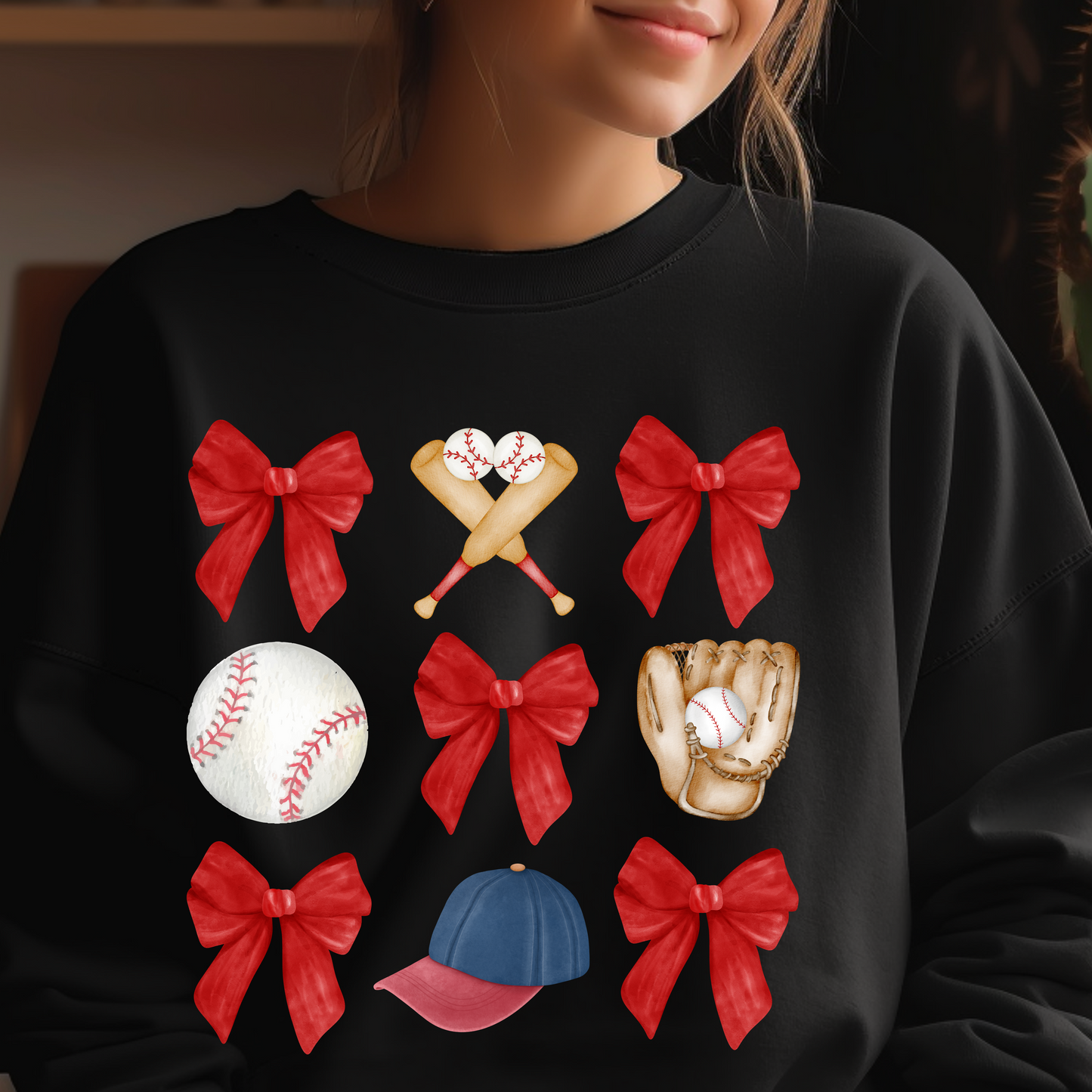 Baseball Coquette Ribbon Bow, baseball, bat, glove, uniform sweatshirt S-4XL